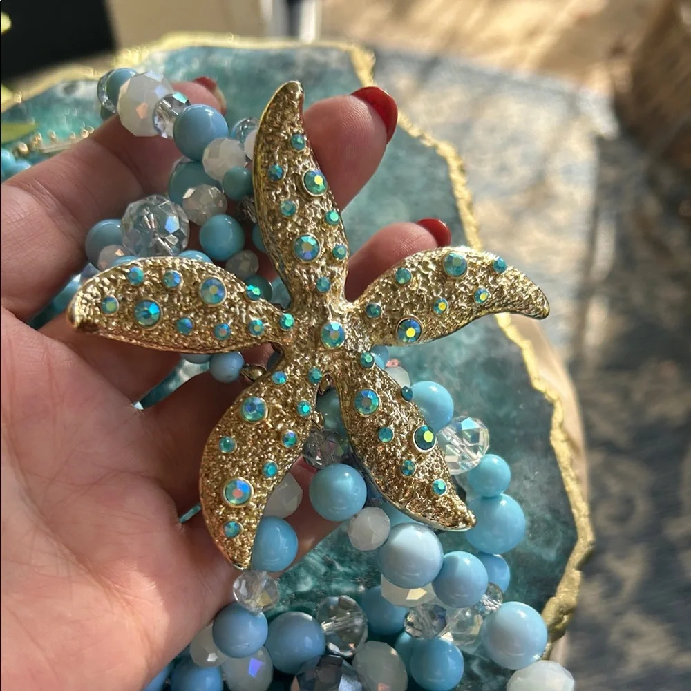 Vintage-Style Aqua Blue Multi-strand Beaded Starfish Necklace